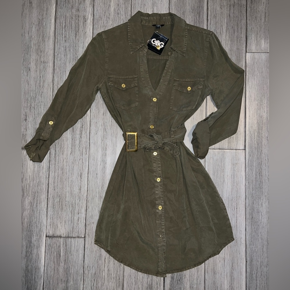 GBG Los Angeles Olive Green Belted Button Up Dress, Women’s Size XS